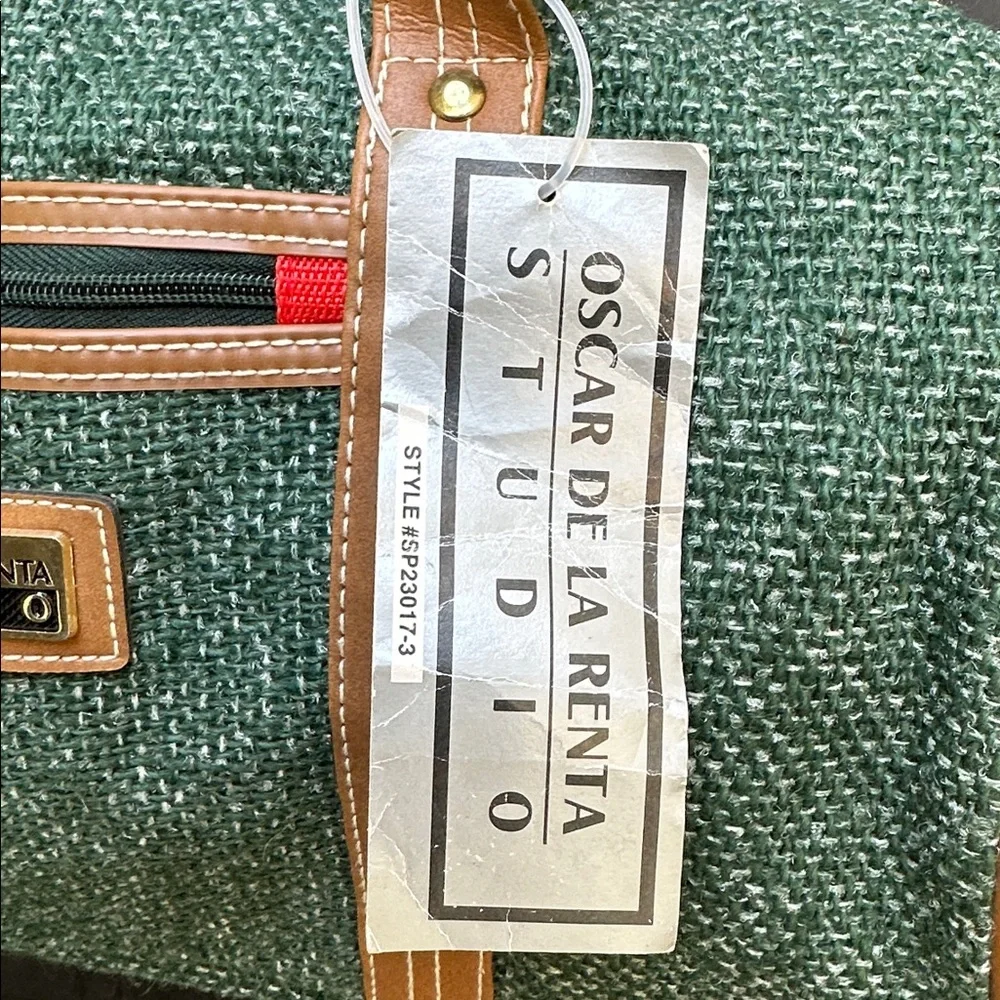 Oscar de La Renta Studio small duffel green tweed with tan straps & luggage tag